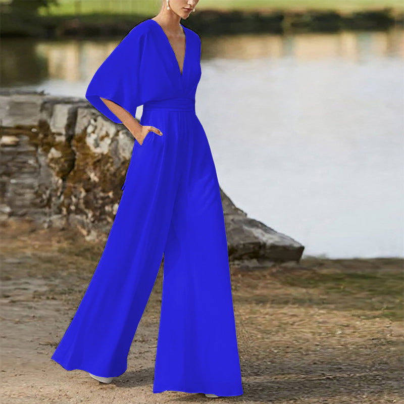 Deep V Plunge High Waist Wide Leg Trousers