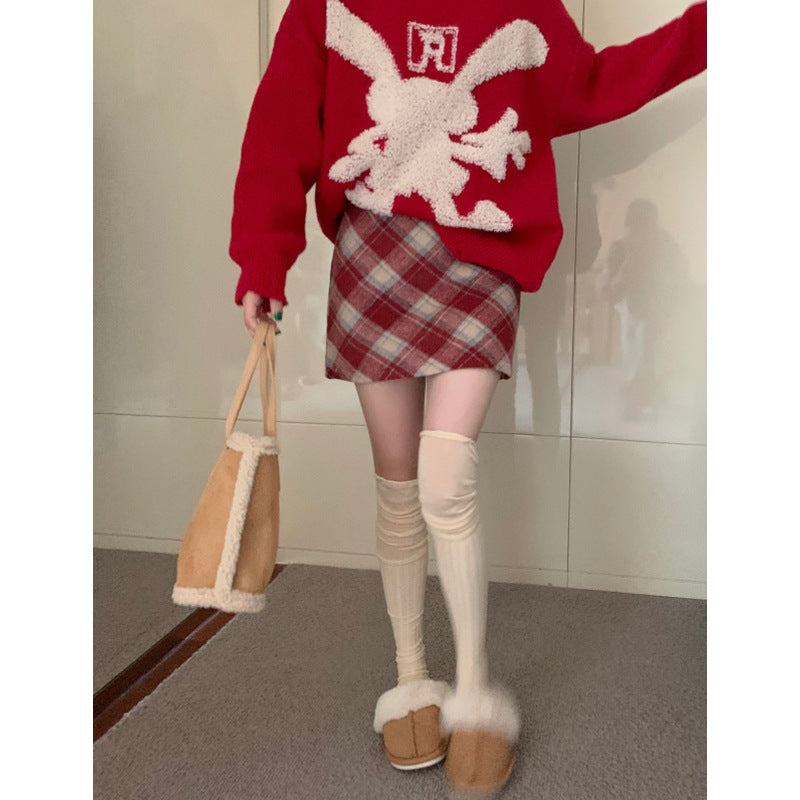 Plus Size Wool Plaid High Waist Skirt