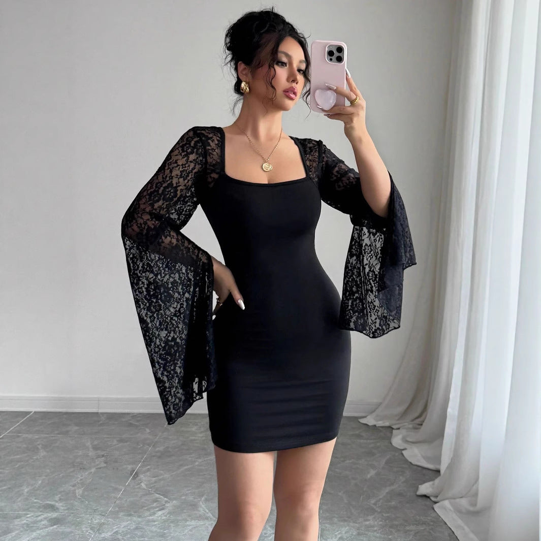 Lace Bell Sleeve Square Neck Bodycon Mini Dress