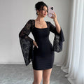 Lace Bell Sleeve Square Neck Bodycon Mini Dress
