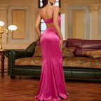 Satin Princess Seam Bustier Keyhole Spaghetti Strap High Slit Mermaid Gown