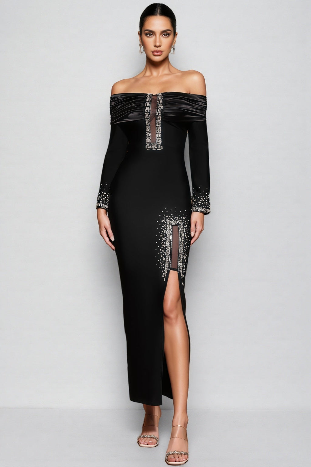 Lucfe Black Studded Bandage Maxi Dress
