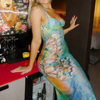 Sweetheart Neck Wide Strap Butterfly Print Burnout Mesh Bodycon Maxi Dress