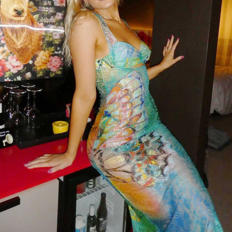 Sweetheart Neck Wide Strap Butterfly Print Burnout Mesh Bodycon Maxi Dress