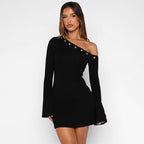 One Shoulder Grommet Trim Bell Sleeve Bodycon Mini Dress