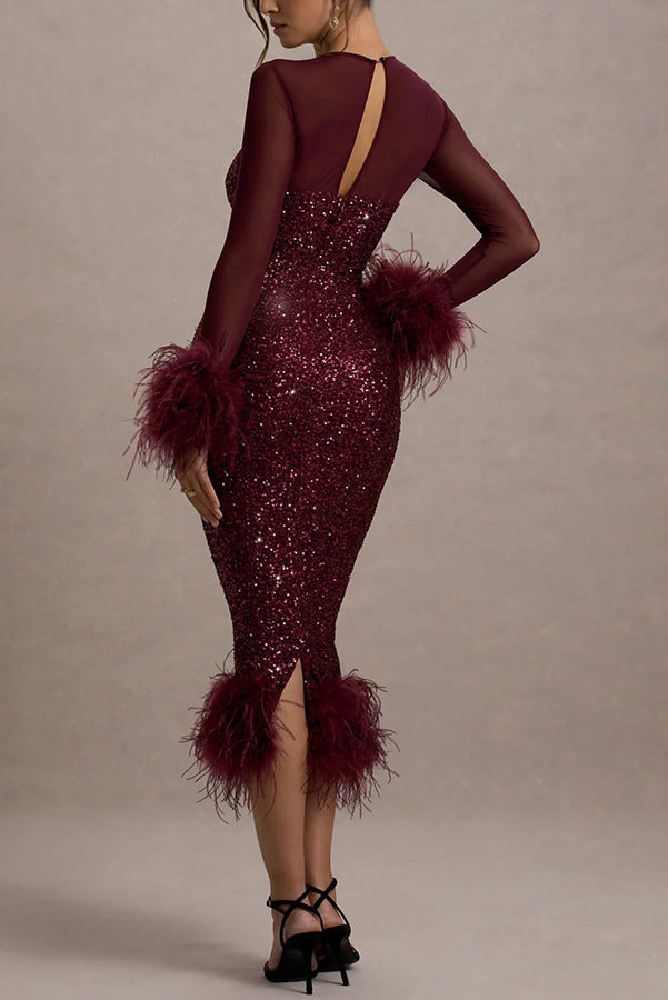 Glamor and Drama Mesh Sequin Patchwork Feather Trim Stretch Midi Dress