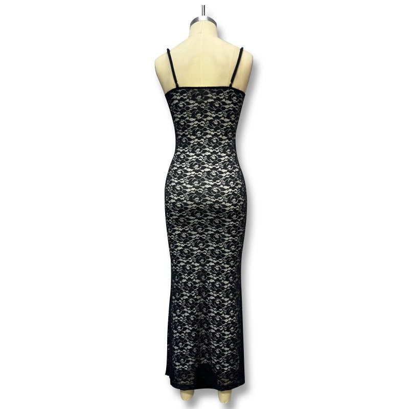 Deep V-Neck Floral Lace Spaghetti Strap Column Maxi Dress