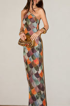 Little Mermaid Colorful Scales Print Halter Maxi Dress