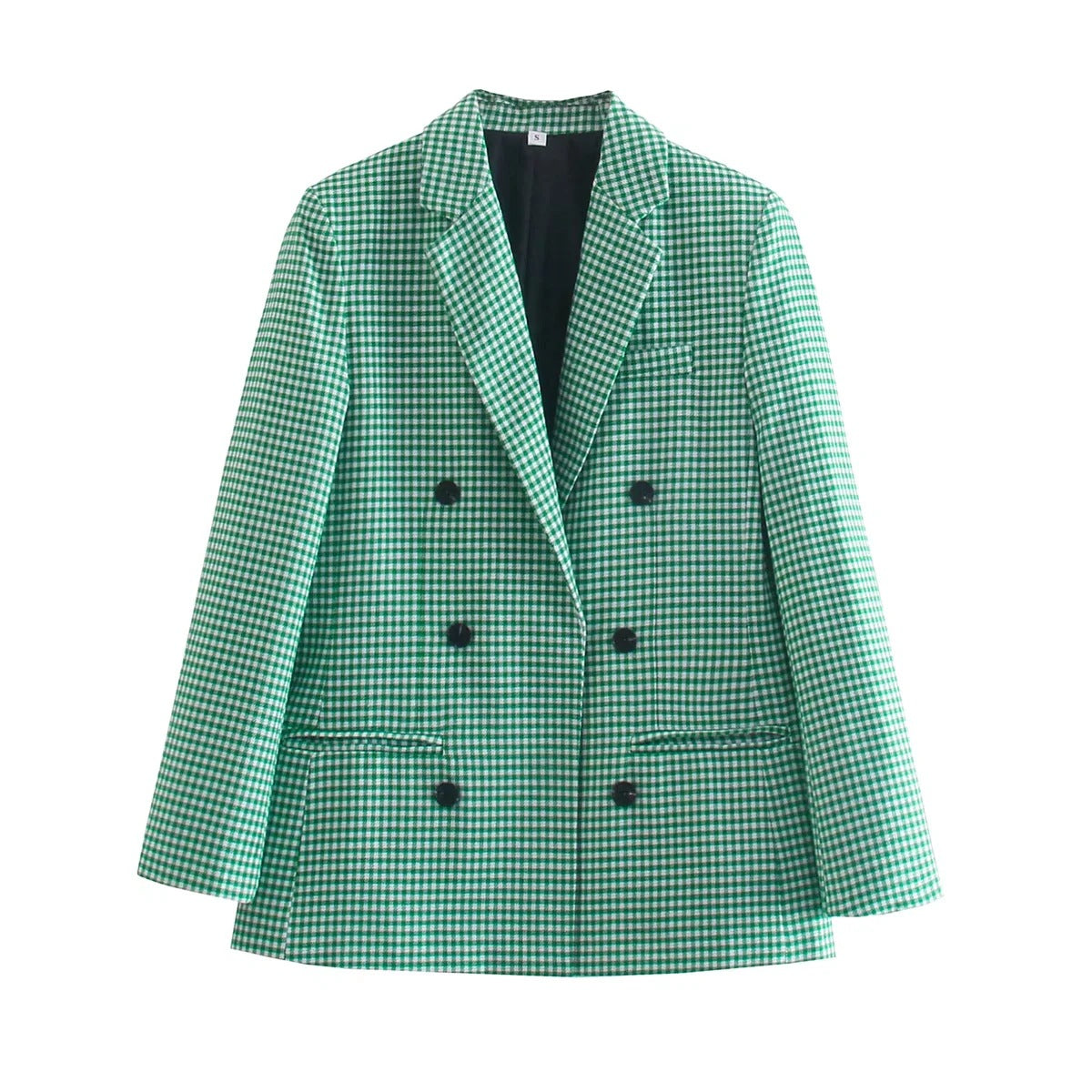 Vintage Single Breasted Long Sleeve Plaid Women Padded Shoulder Blazer