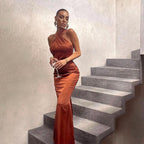 Satin Twist Front Halter Neck Bodycon Maxi Cocktail Dress