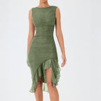 Ruched Mesh Sleeveless Crew Neck Asymmetrical Ruffle Hem Midi Dress