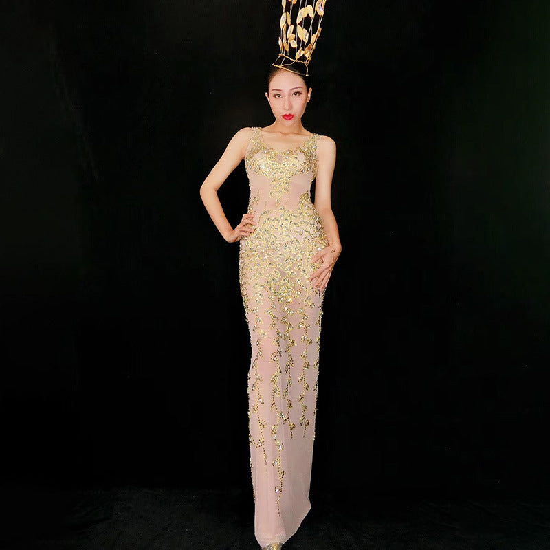 Waisted Mermaid Long Dress With Diamonds