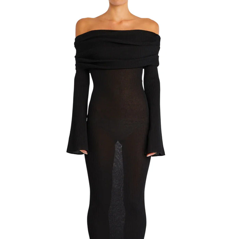 Off Shoulder Rib Knit Bell Sleeve Bodycon Maxi Dress