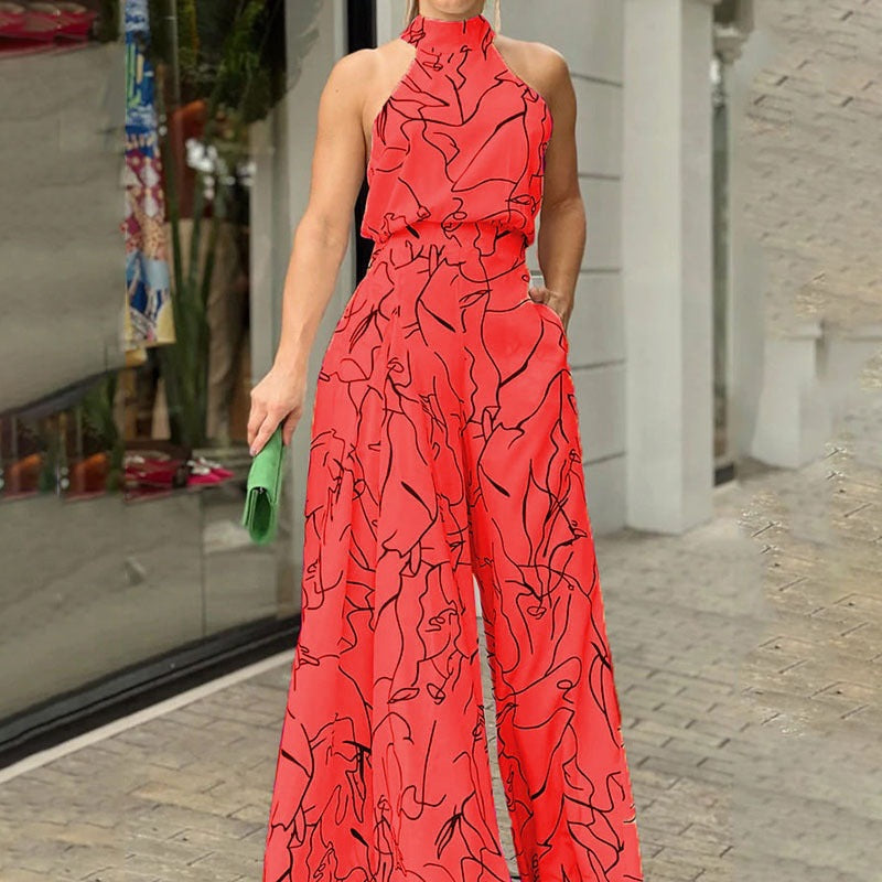 High Waist Lace up Sleeveless Halter Jumpsuit