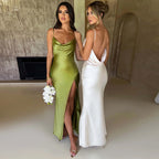 Satin Cowl Neck Spaghetti Strap High Split Backless Slip Maxi Dress