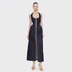Denim Halter Corset Front Zip Pocket Maxi Dress
