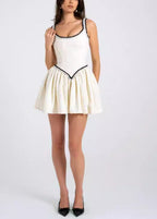 Boucle Tweed Scoop Neck Braided Trim Basque Waist Flared Mini Dress