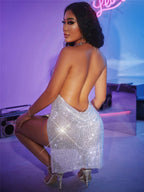 Rhinestone Mesh Halter Neck Deep V-Neck High Split Bodycon Mini Dress
