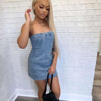 Strapless Denim Corset Panel Raw Hem Mini Dress