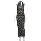 Lace Halter Neck Deep V-Neck Scalloped Trim Mermaid Maxi Dress