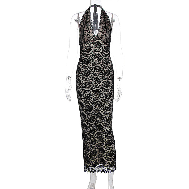 Lace Halter Neck Deep V-Neck Scalloped Trim Mermaid Maxi Dress