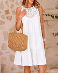 Crochet Lace Yoke Halter Neck Tiered A-Line Mini Dress