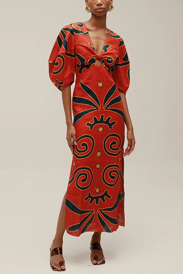 Kaya Linen Blend Color Block Print Front Cutout Knot Puff Sleeve Maxi Dress