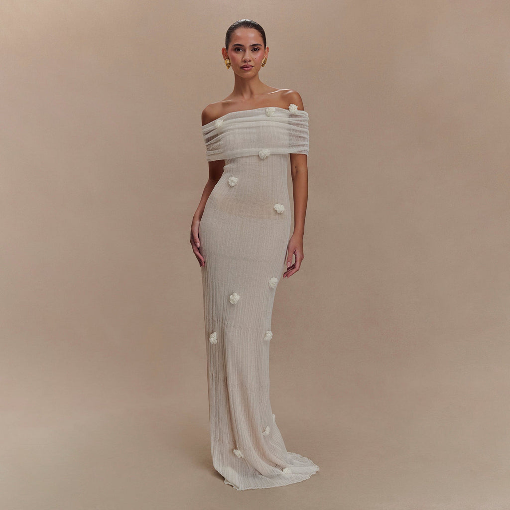 Off Shoulder Rosette Applique Ribbed Plisse Column Maxi Dress