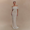 Off Shoulder Rosette Applique Ribbed Plisse Column Maxi Dress