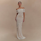 Off Shoulder Rosette Applique Ribbed Plisse Column Maxi Dress
