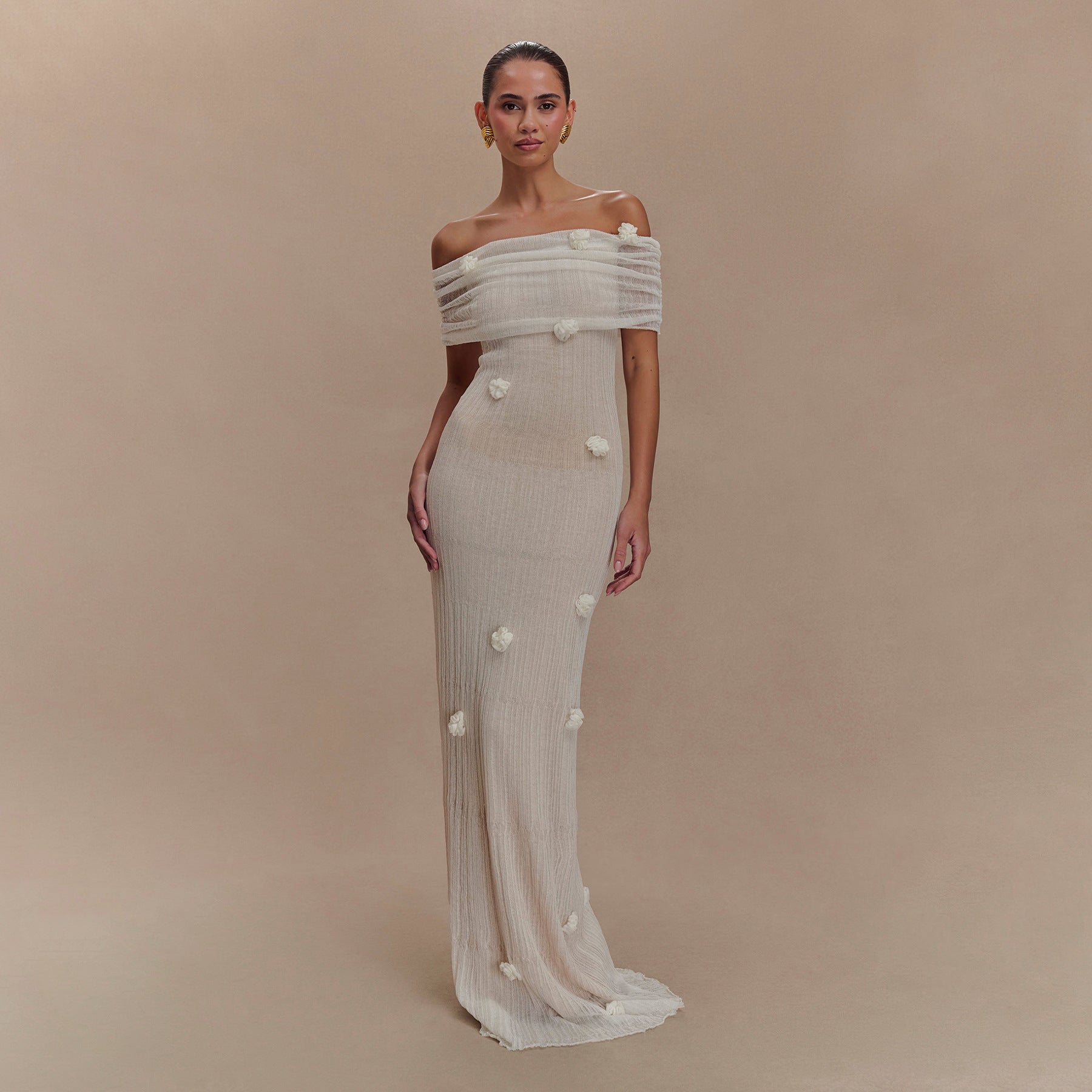 Off Shoulder Rosette Applique Ribbed Plisse Column Maxi Dress