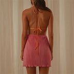 Pleated Halter Deep V-Neck Lace Up Cut Out Waist Mini Dress