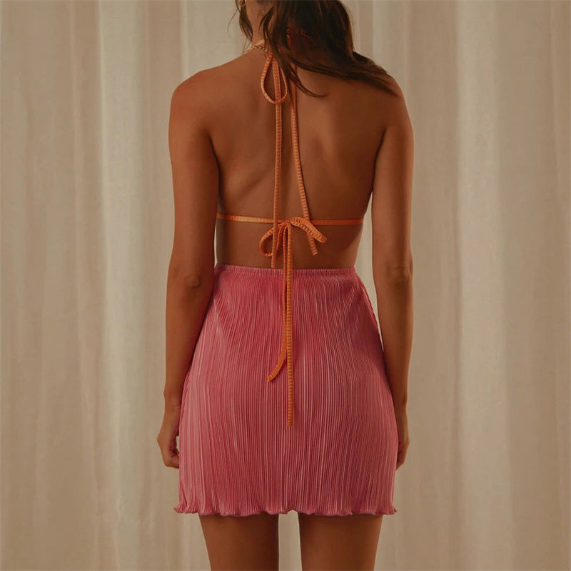 Pleated Halter Deep V-Neck Lace Up Cut Out Waist Mini Dress