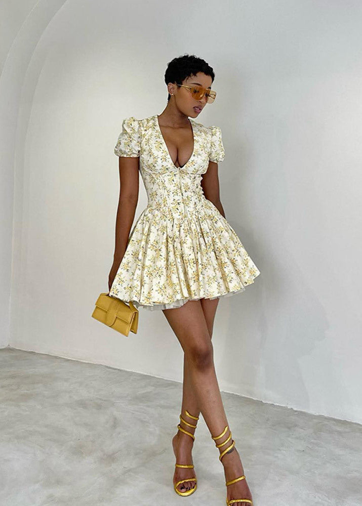 Deep V-Neck Puff Sleeve Corset Hook Front Floral Print Fit and Flare Mini Dress