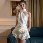 Asymmetric Halter Neck Fabric Rosette Tiered Ruffle Satin Mini Dress