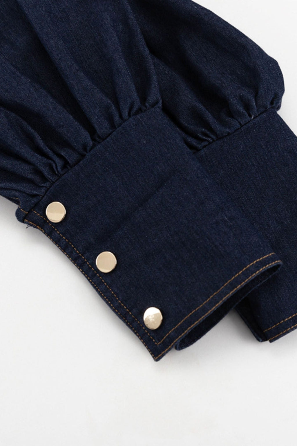 Mandarin Collar Button Front Puff Sleeve Cinched Waist Denim Mini Dress