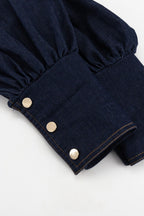 Mandarin Collar Button Front Puff Sleeve Cinched Waist Denim Mini Dress