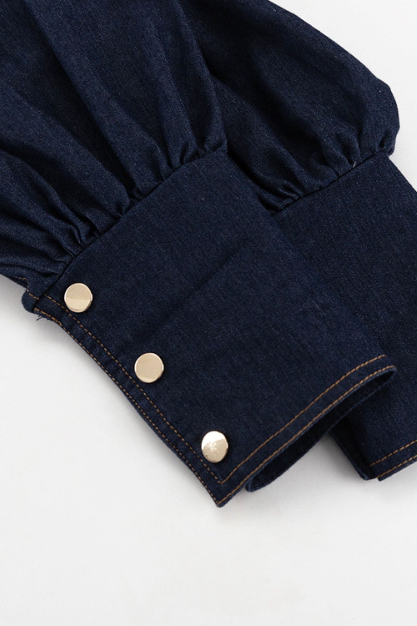 Mandarin Collar Button Front Puff Sleeve Cinched Waist Denim Mini Dress