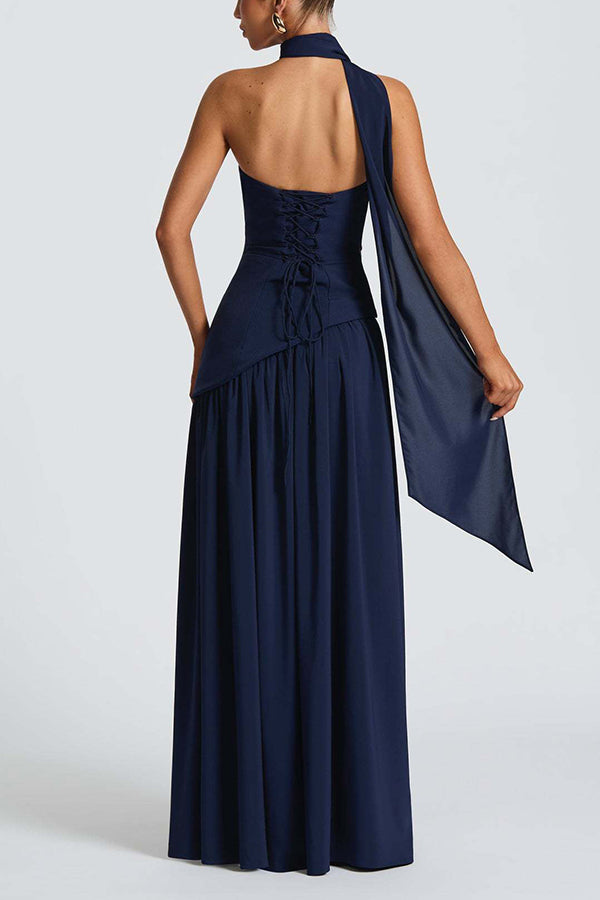 Elegant Off Shopulder Chiffon Pleated Hem Scarf Slit Maxi Dress