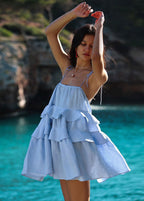 Square Neck Tie Shoulder Three Tier Ruffle Babydoll Mini Dress