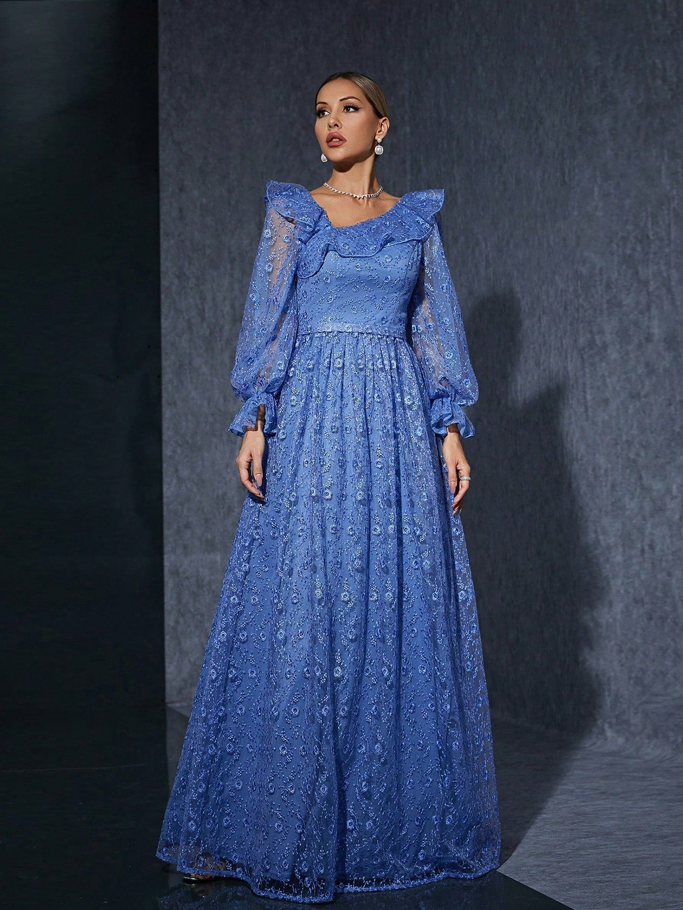 Puff Shoulder Long Sleeves Evening Dress