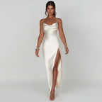 Satin Cowl Neck Spaghetti Strap High Split Backless Slip Maxi Dress