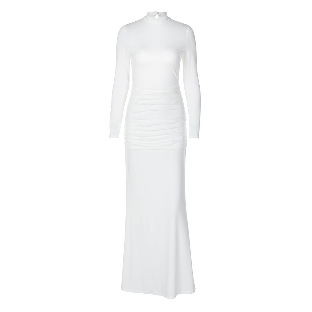 Mock Neck Long Sleeve Ruched Open Back Cut Out Fishtail Maxi Dress