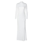 Mock Neck Long Sleeve Ruched Open Back Cut Out Fishtail Maxi Dress
