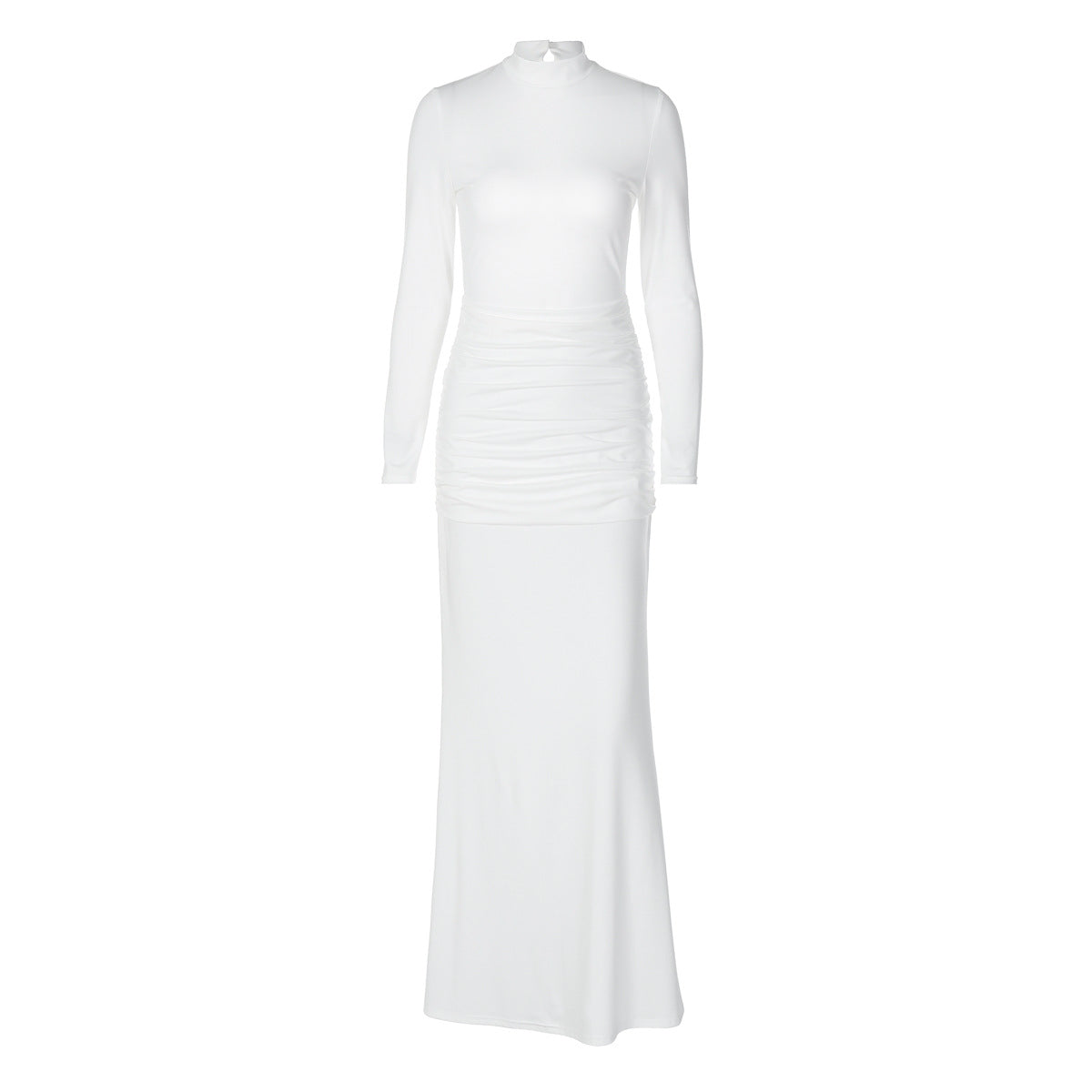Mock Neck Long Sleeve Ruched Open Back Cut Out Fishtail Maxi Dress
