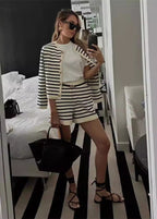 Marseille Knit Set Striped Cardigan & High-Waisted Shorts