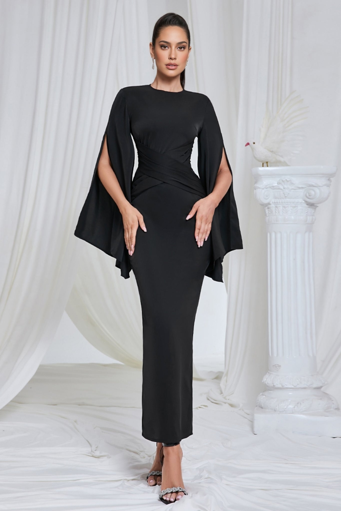 Nali Solid Black Round Neck Maxi Dress