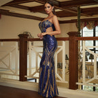 Sequin Embellished Plunging Sweetheart Mesh Side Cutout Mermaid Maxi Gown