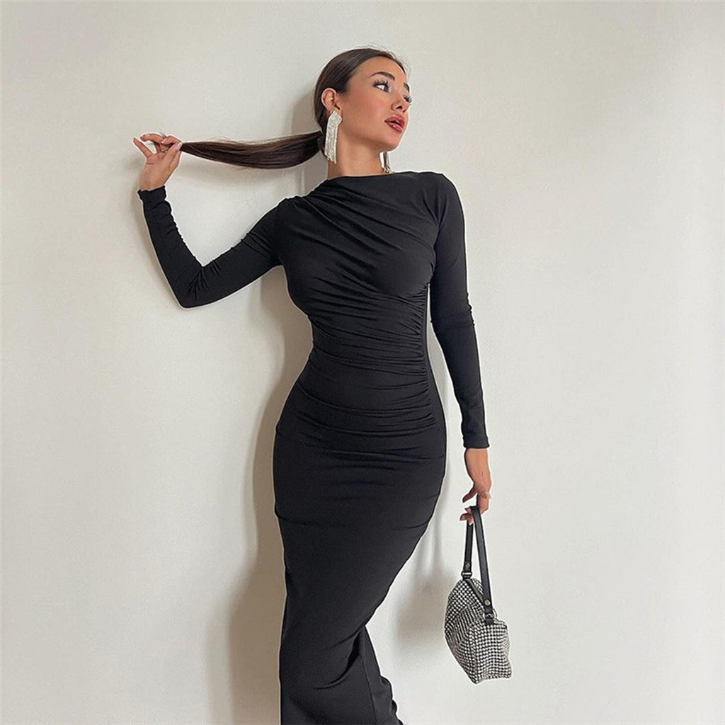 Long Sleeve Ruched Side Gather Bodycon Maxi Dress