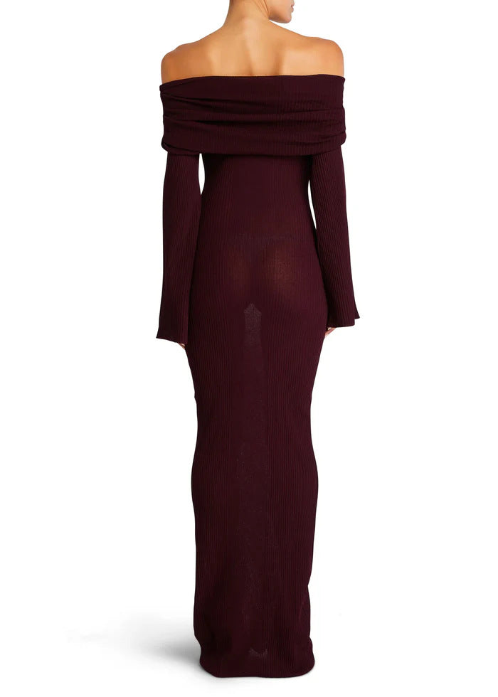 Off Shoulder Rib Knit Bell Sleeve Bodycon Maxi Dress